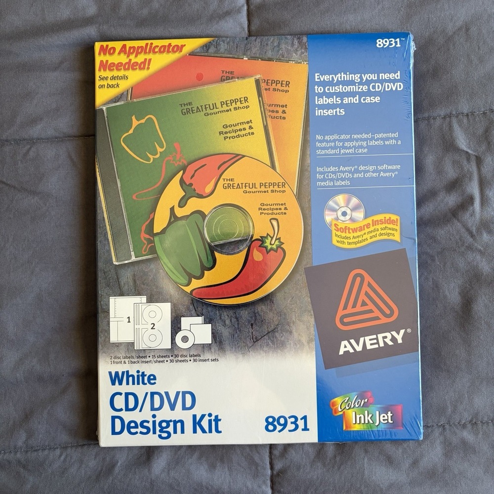 Sealed VTG 2000 Avery 8931 White CD DVD Label Design Kit Color Ink Jet Retro Fun